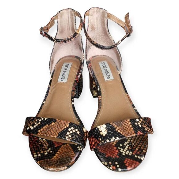 STEVE MADDEN IRENEE BROWN & BLACK SNAKE PRINT BLOCK HEEL ANKLE STRAP SANDAL SZ.8 - Picture 2 of 8